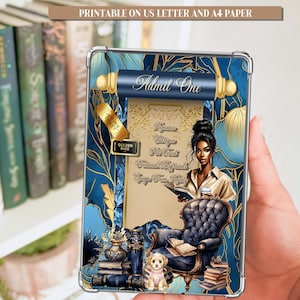 May include: A blue and gold decorative frame with the text "Admit One" and "Golden Pass". The frame features an illustration of a woman reading, a puppy, books, and a scroll with text.