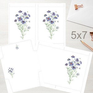 5 x 7 blauwe bloemen afdrukbare platte notitie portretkaart met envelop 1523/direct downloaden/afdrukbare bloemenkaart/afdrukbare wenskaart