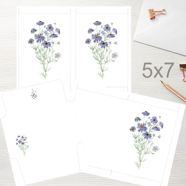 5x7 Blue Flowers Printable Flat Note Portrait Card with Envelope 1523/Instant Download/Printable Floral Card/Printable Greeting Card