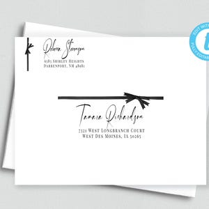 May include: White envelope with black calligraphy. The envelope features the names and addresses of Rebecca Stevenson and Tamara Richardson. A black bow and line design is present. The text "EDIT WITH TEMPLATE" is in a blue circle.