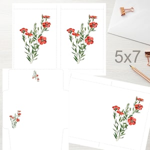 5x7 Red Florals druckbare flache Note Portrait Karte mit Umschlag 1520/Sofortiger Download/Just Weil Karte/druckbare Grußkarte