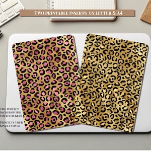 May include: Two printable inserts with leopard print patterns. One insert has pink spots on a gold background, and the other has black spots on a gold background. The inserts are US Letter and A4 size. The image text reads, "The perfect backdrop for your stickers, protects your Kindle cover."