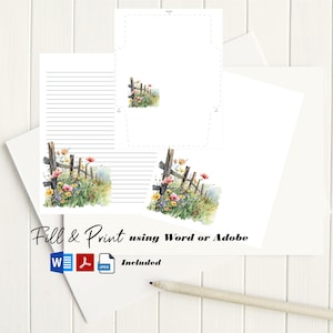 Floral Fence Stationery 8.5x11 STA-21/Digital Paper/Printable Envelope/Instant Download/Digital Lined Paper/Floral Printable Stationery