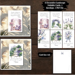 以下が含まれることがあります： 風景画のデコレーション折りたたみカード6枚セットと、それに合う封筒。各カードには、庭の小道、フラワーアレンジメント、インテリアなど、穏やかなシーンの水彩イラストが描かれています。カードのサイズは10x15cmで、インスピレーションを与えるテキストが含まれています。