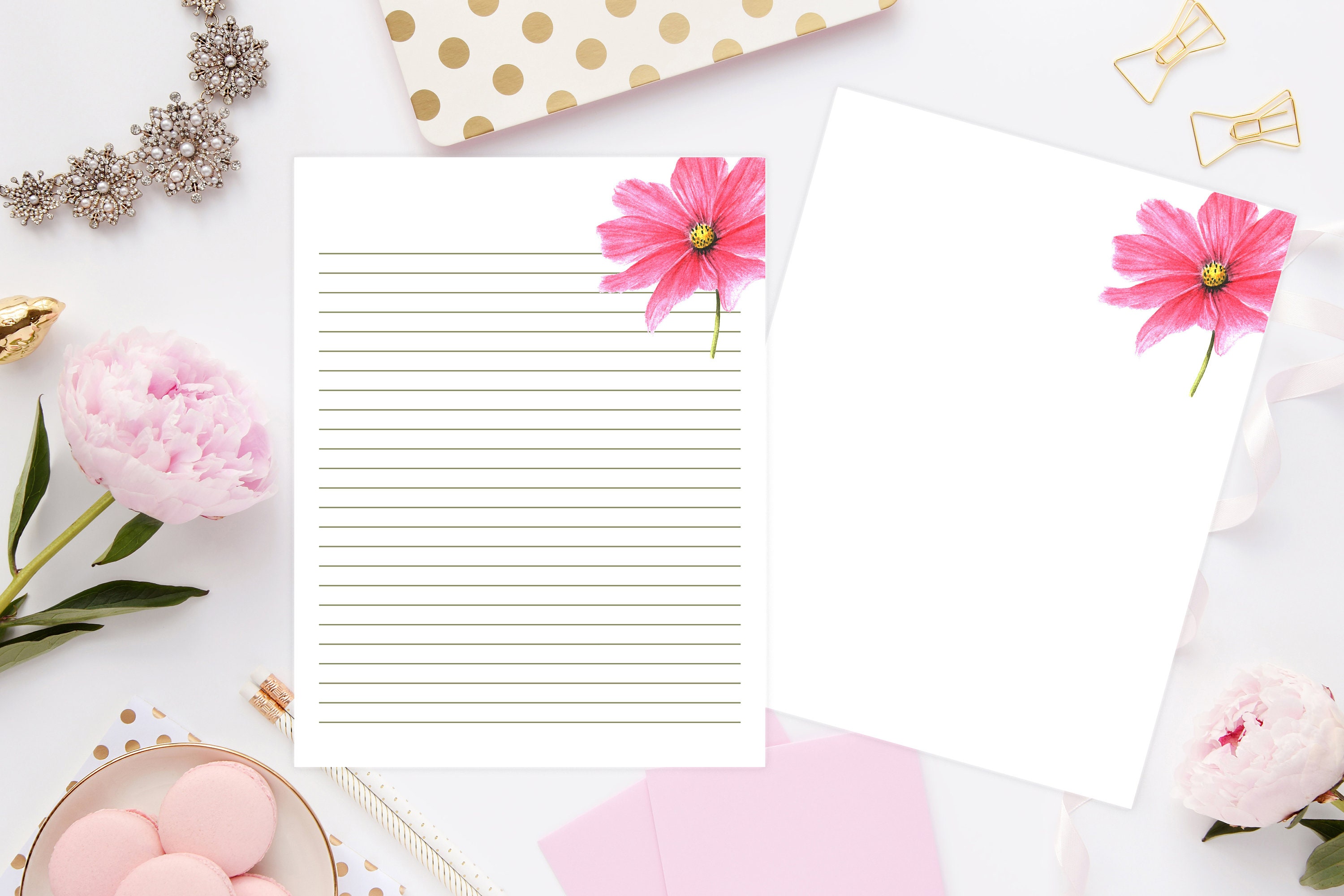 pink flower printable stationery 85x11 795digital etsy