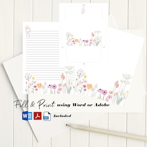 Papelería imprimible con flores silvestres caprichosas y sobre de 8,5 x 11 pulgadas, 1055/Papelería imprimible/Papel de líneas/Sobre imprimible/Papel de escritura