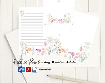 Papelaria imprimível com flores silvestres caprichosas com envelope 8,5 x 11 1055/Papelaria imprimível/Papel pautado/Envelope imprimível/Papel de carta