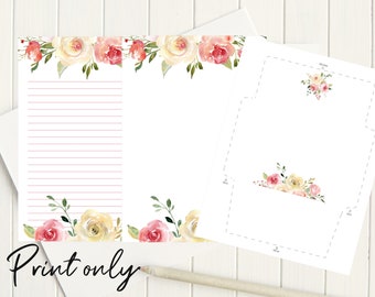 A5 Watercolor Florals Printable Stationery 5.8x8.3/715/Printable Envelope/Printable Paper/Instant Download/Digital Lined Paper/Writing Paper