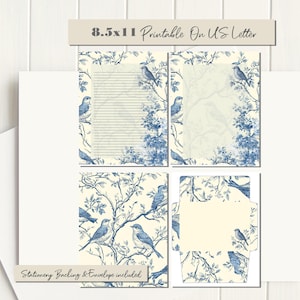 May include: Stationery set with a blue and white bird and floral design. Includes lined paper, blank paper, and an envelope. The set is designed to print on US Letter size paper, 8.5x11 inches. The text "Stationery Backing & Envelope included" is also present.