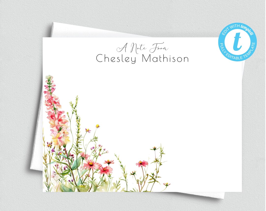 Lovely Blooms Personalized Printable Editable Flat Single Sided Note ...