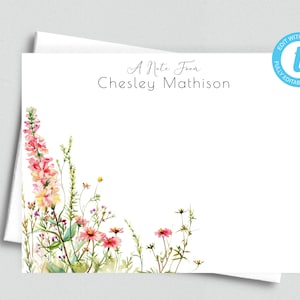 Tarjeta de notas de una sola cara editable e imprimible personalizada con hermosas flores/plantilla de 5,5 x 4,25/sobre imprimible/tarjeta de notas editable
