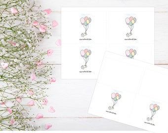 Cartão de nota plana para impressão Fly Away Balloons e cartão de tenda com envelope 1283/Download instantâneo/Cartão de chá de bebê/Cartão de nota de chá de bebê