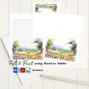 A Summer Walk Stationery 8.5x11 STA-07/Floral Digital Paper/Printable Envelope/Instant Download/Digital Lined Paper/Floral Stationery