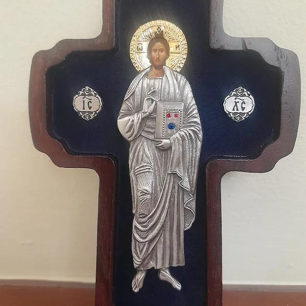 Handmade Christian Wall Cross 925 Silver and Gilded on Wood