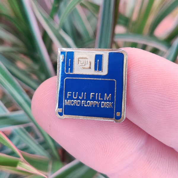 Fuji Film Micro Floppy Disk, vintage enamel lapel pin badge.