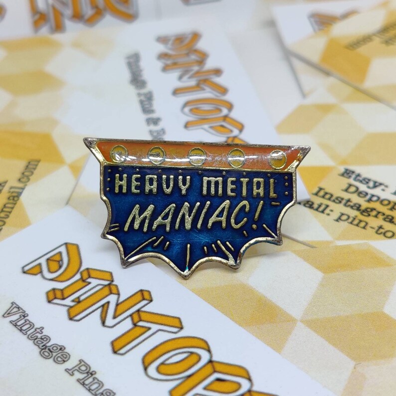Heavy metal maniac rock enamel pin badge Hat tie lapel scarf bag denim or leather jacket accessorie life AGB 1988