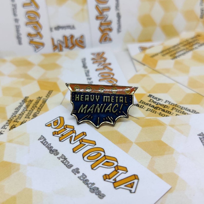 Heavy metal maniac rock enamel pin badge Hat tie lapel scarf bag denim or leather jacket accessorie life AGB 1988