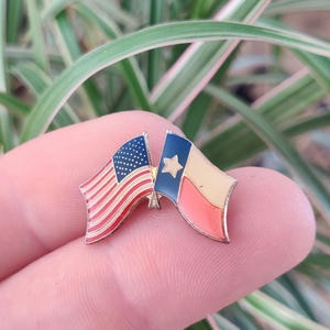 United States and Texas lone star flag, vintage enamel lapel pin badge.