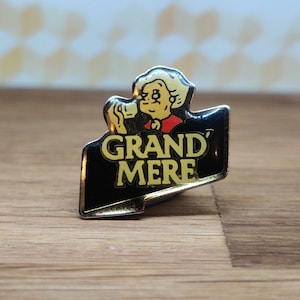 Grand mere coffee pin badge. Hat tie lapel scarf bag denim leather jacket. Vintage retro collectable advertising gift.