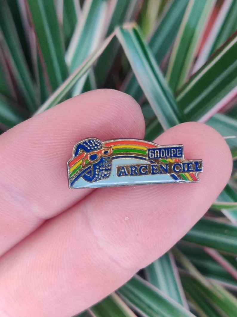 Groupe Arc en Ciel rainbow tyre sunglasses unusual weird vintage enamel lapel pin badge. image 2