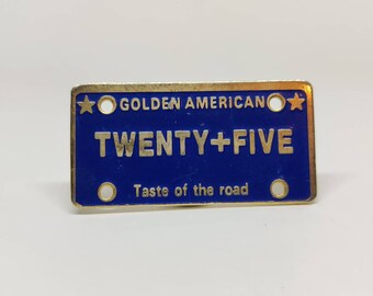 Golden American vintage cigarette enamel pin badge, tobacciana twenty five taste of the road