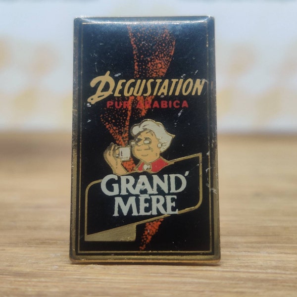 Grand mere degustation coffee pin badge. Hat tie lapel scarf bag denim leather jacket. Vintage retro collectable advertising gift.
