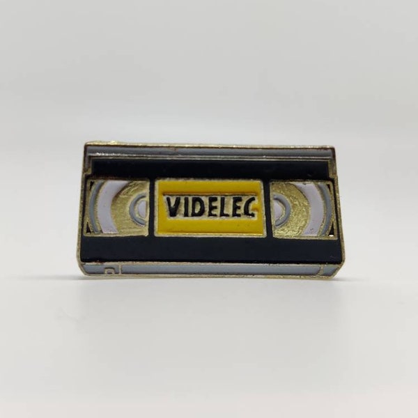 Videlec vintage VHS video pin badge. Vintage advertising collectable gift 90's hat Tie lapel scarf jacket accessory