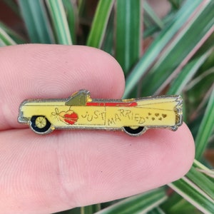 Just Married Cadillac style vintage lapel pin badge.