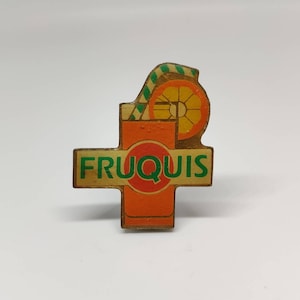 Fruquis orange juice carton, juice box vintage enamel pin badge. Vintage advertising