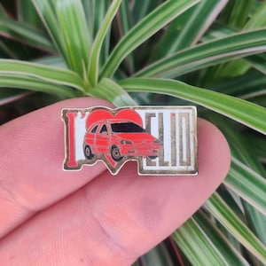 Renault Clio, vintage enamel lapel pin badge, I love Clio.