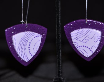 Purple Textured Reuleaux Polymer Clay Earrings -- Handmade Geometric Dangle Jewelry -- Statement Gift for Her