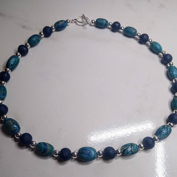 Blue Mokume Gane Polymer Clay Necklace
