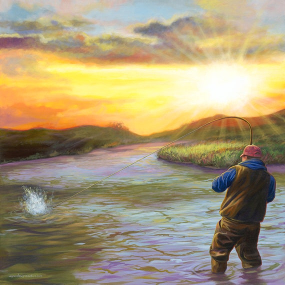 Fishing Print Fishing Painting Sportsman Fishing Man Cave for Him Mancave  Trout Trout Fishing Sunset Sunrise -  Canada