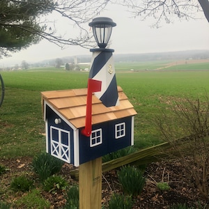 Wooden Country Mailbox with Solar Lighthouse| Unique Rustic Outdoor Decor | K0009