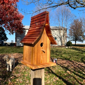 Beautiful Cedar Birdhouse with Wood Shingled Roof Varnished Garden Décor F0008 image 1