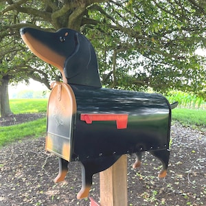 May include: A black and brown dachshund mailbox with a red flag and a welcome sign. The mailbox is shaped like a dog, with the head and legs painted brown and black.