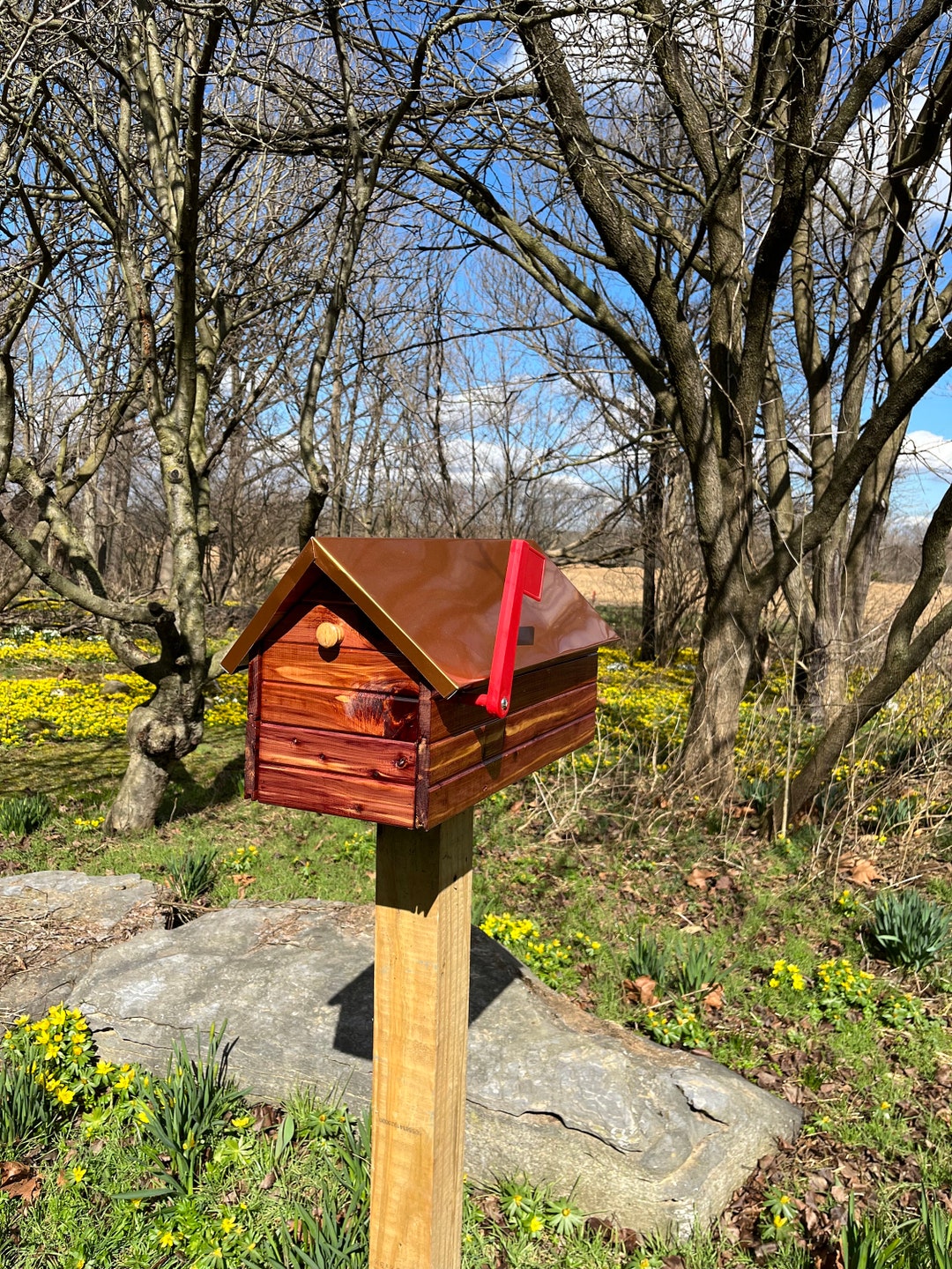 Varnished Cedar Log Cabin Mailbox With Copper Sheeting Roof | Metal Box ...