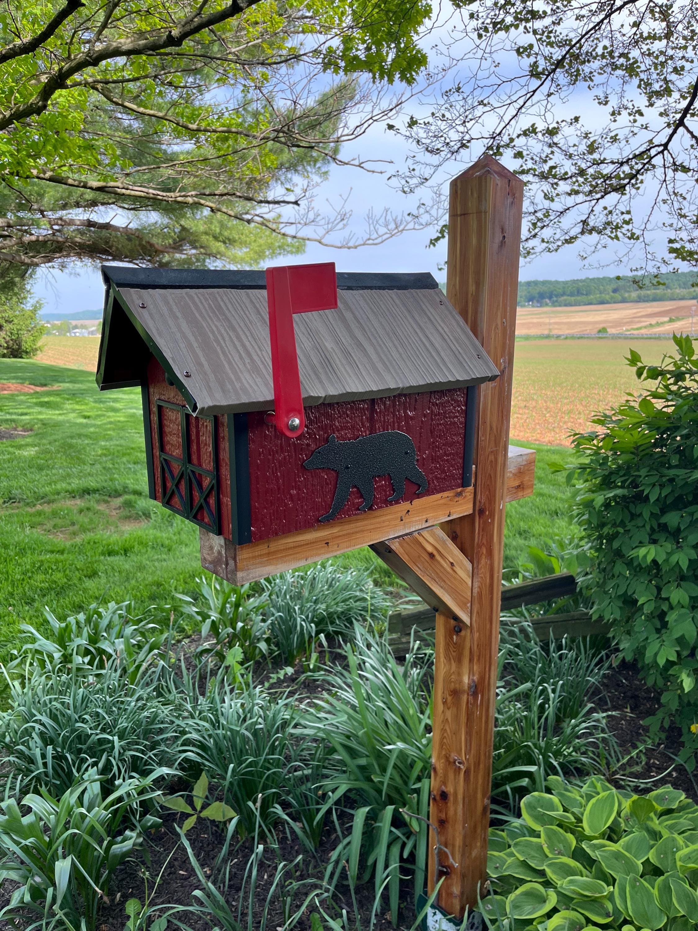 Woodland Silhouettes by Stone Bridge | Handmade Wooden Mailbox, Bear or Deer Silhouette, Vinyl Shake Roof, Rustic Cabin Décor | SB201Sil