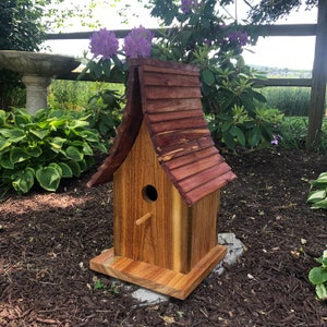 Beautiful Cedar Birdhouse with Wood Shingled Roof Varnished Garden Décor F0008 image 2