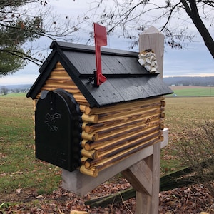 Wooden Mailbox with Cedar Shake Roof  and Stone Chimney | Metal  Mailbox Insert  | Log Cabin | Mailbox that looks like a Cabin | CL1001