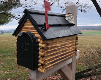 Log Cabin Mailbox With Cedar Shake Roof and Stone Chimney