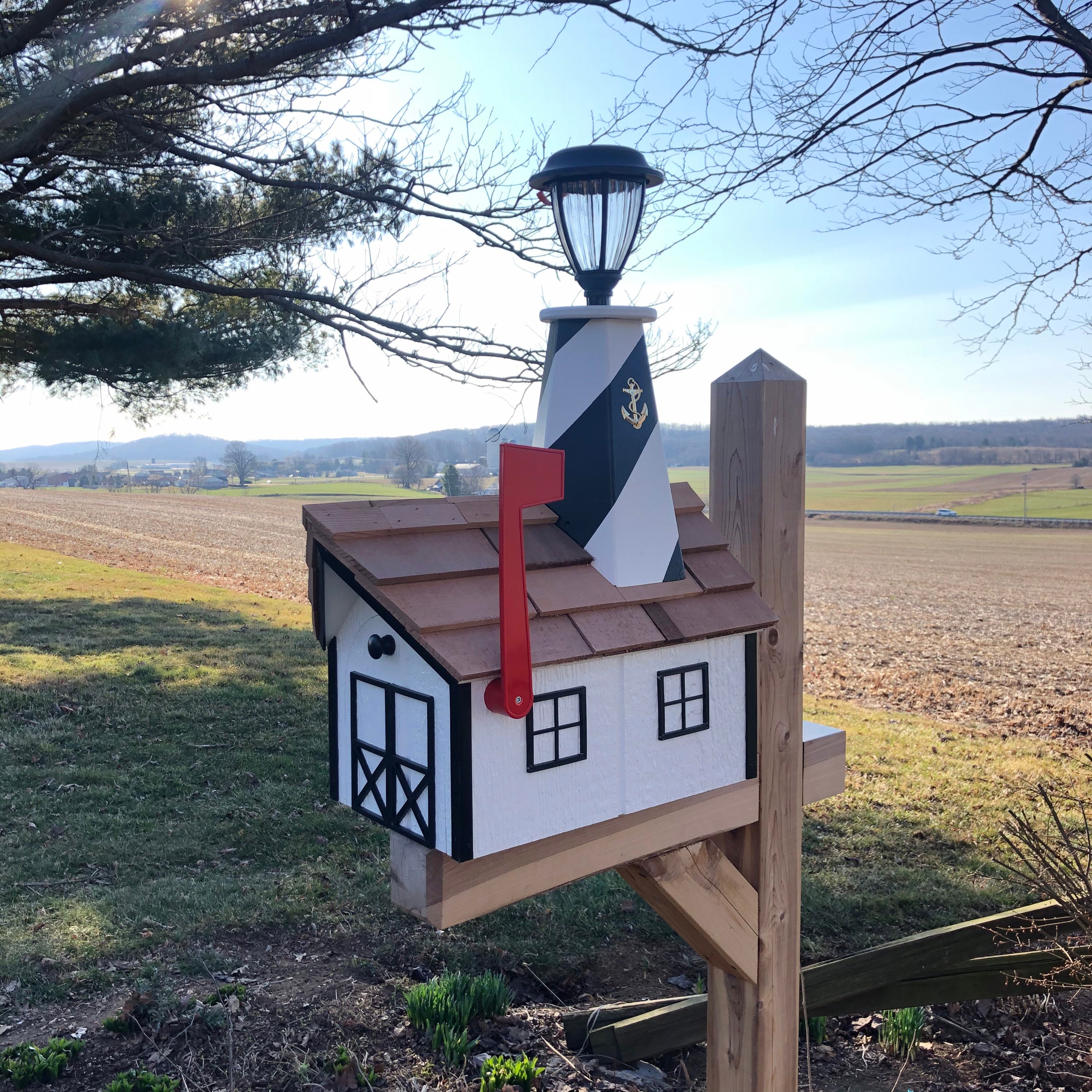 Cape Hatteras Style Lighthouse Mailbox | Wooden Mailbox | Solar Lighthouse | K0009