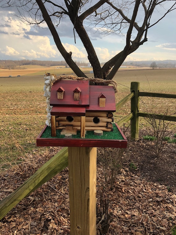 Rustic Wooden Log Cabin Birdhouse Amish Made Etsy