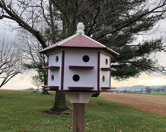 Extra Large Bird House with Cherry Roof made of durable Poly Lumber | Martin House with Twelve Holes and Twelve Rooms