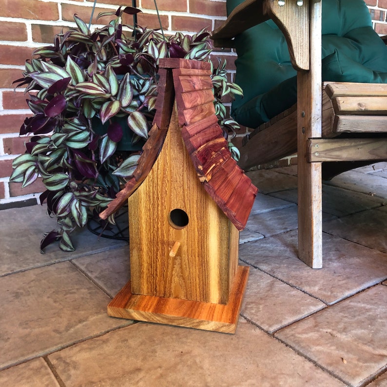 Beautiful Cedar Birdhouse with Wood Shingled Roof Varnished Garden Décor F0008 image 5