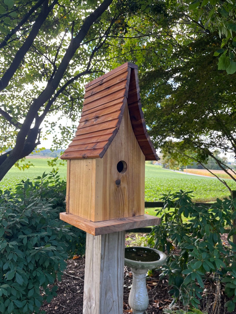 Beautiful Cedar Birdhouse with Wood Shingled Roof Varnished Garden Décor F0008 image 3