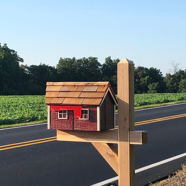 Wooden Amish Barn Mailbox | Cedar Shake Roof | Wood Mailbox | K1000