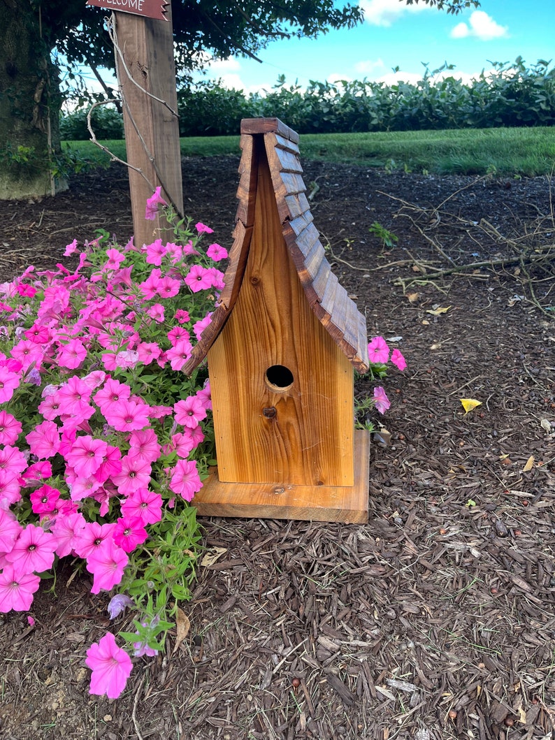 Beautiful Cedar Birdhouse with Wood Shingled Roof Varnished Garden Décor F0008 image 8