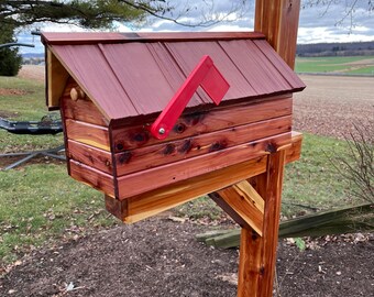 New Item! Varnished Cedar Log Cabin Mailbox with Beautiful Vinyl Shake Roof | Metal Box Insert | Aromatic Red Cedar | Cedar Chalet | SB020