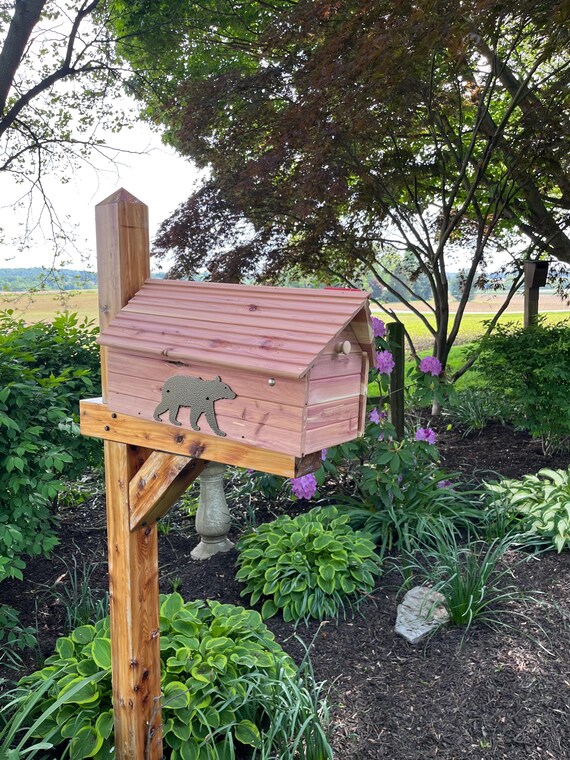 thumbnail image 2 of The Stone Bridge Cedar Mailbox | Cedar Log Cabin Mailbox With Deer 2 of 14